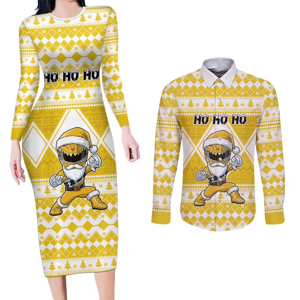 Personalized Power Yellow Ranger Santa Claus Couples Matching Long Sleeve Bodycon Dress and Long Sleeve Button Shirt Funny Christmas - Wonder Print Shop