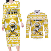 Personalized Power Yellow Ranger Santa Claus Couples Matching Long Sleeve Bodycon Dress and Long Sleeve Button Shirt Funny Christmas - Wonder Print Shop
