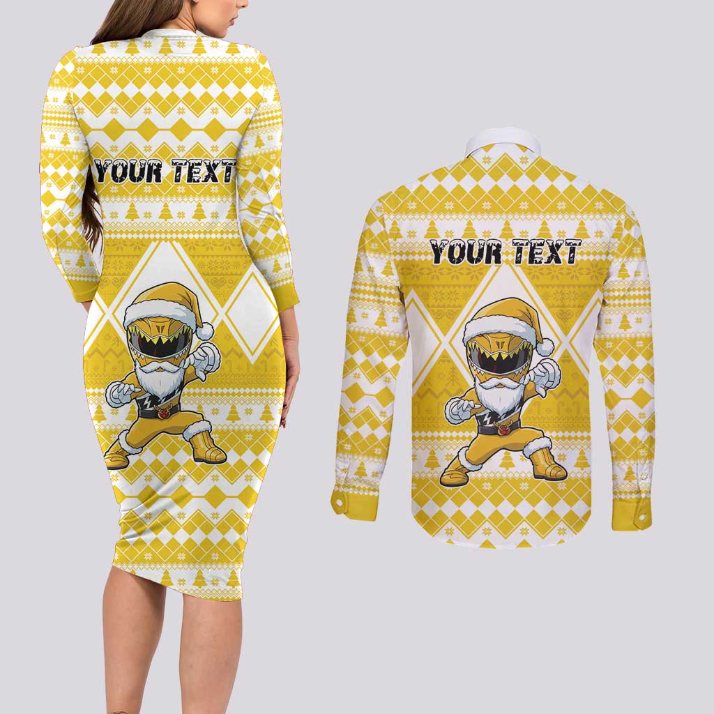 Personalized Power Yellow Ranger Santa Claus Couples Matching Long Sleeve Bodycon Dress and Long Sleeve Button Shirt Funny Christmas - Wonder Print Shop
