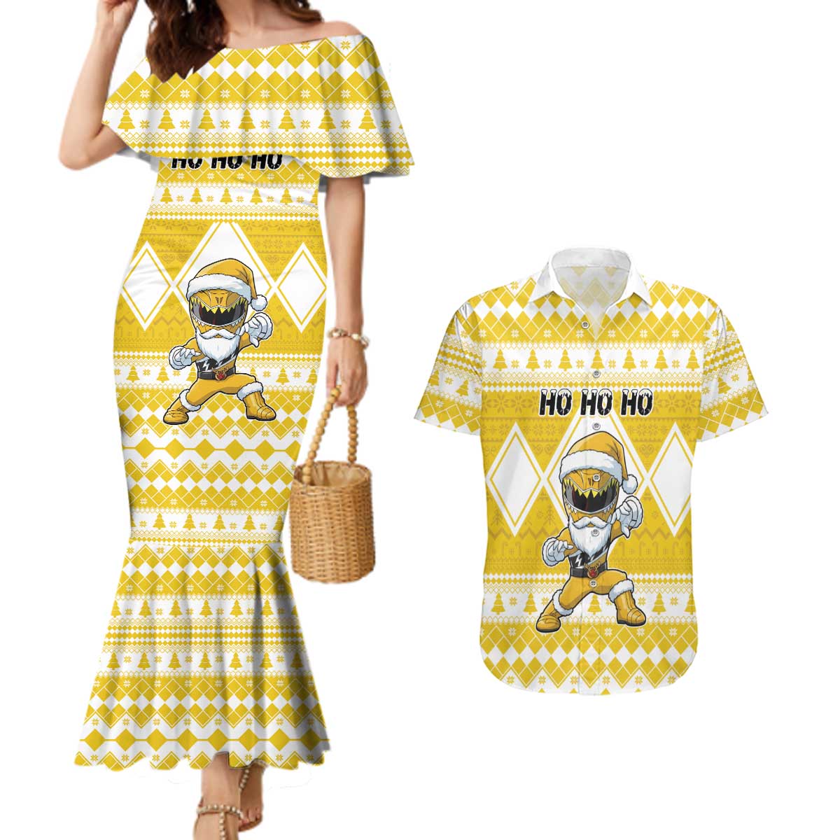 Personalized Power Yellow Ranger Santa Claus Couples Matching Mermaid Dress and Hawaiian Shirt Funny Christmas - Wonder Print Shop
