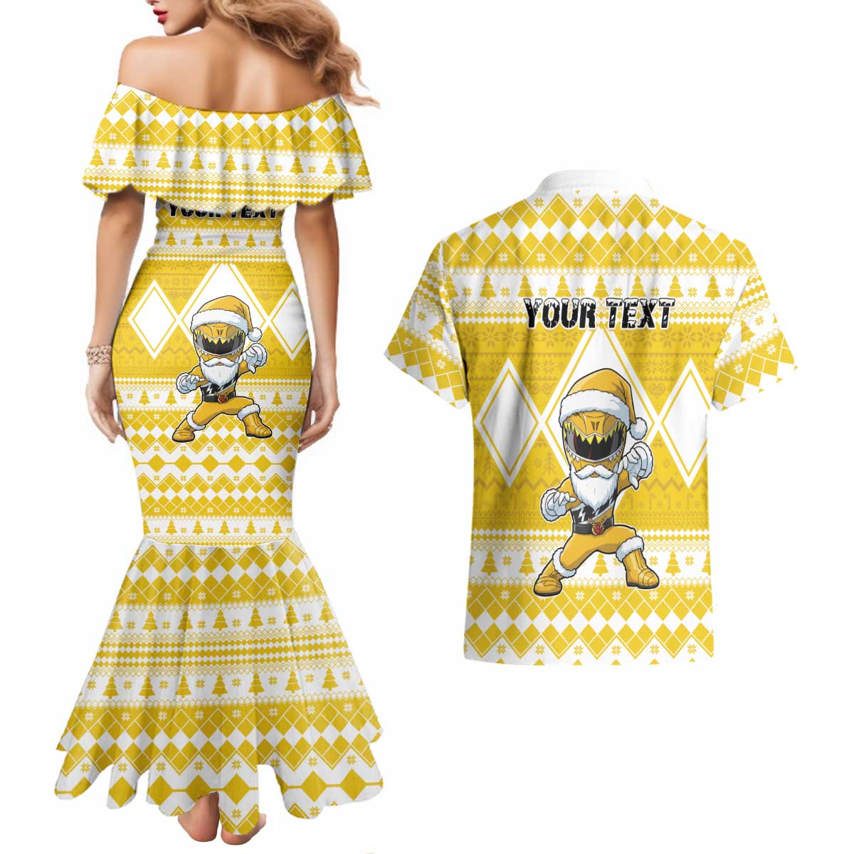 Personalized Power Yellow Ranger Santa Claus Couples Matching Mermaid Dress and Hawaiian Shirt Funny Christmas - Wonder Print Shop