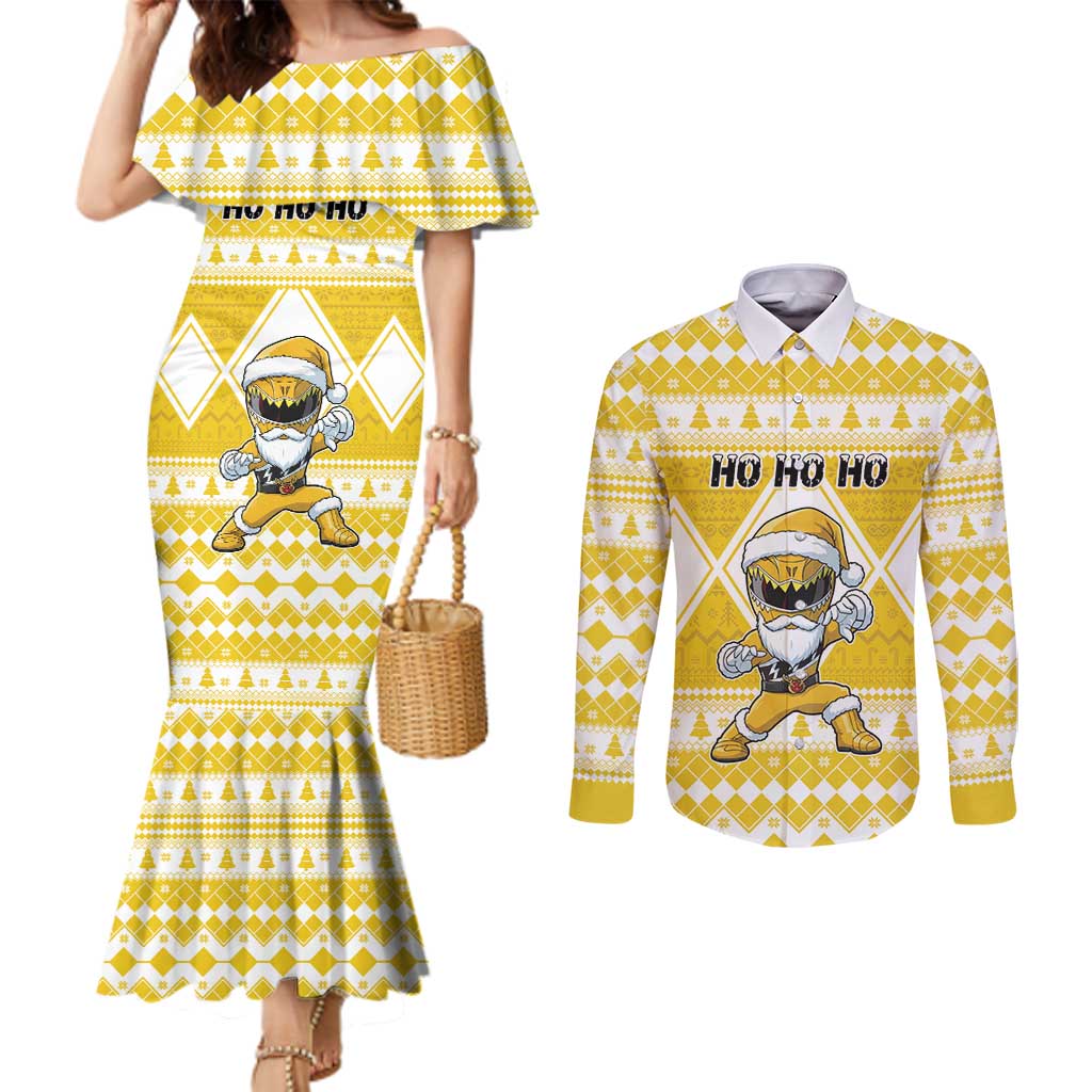 Personalized Power Yellow Ranger Santa Claus Couples Matching Mermaid Dress and Long Sleeve Button Shirt Funny Christmas - Wonder Print Shop