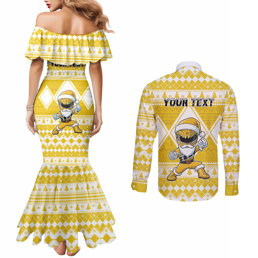Personalized Power Yellow Ranger Santa Claus Couples Matching Mermaid Dress and Long Sleeve Button Shirt Funny Christmas - Wonder Print Shop