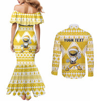 Personalized Power Yellow Ranger Santa Claus Couples Matching Mermaid Dress and Long Sleeve Button Shirt Funny Christmas - Wonder Print Shop
