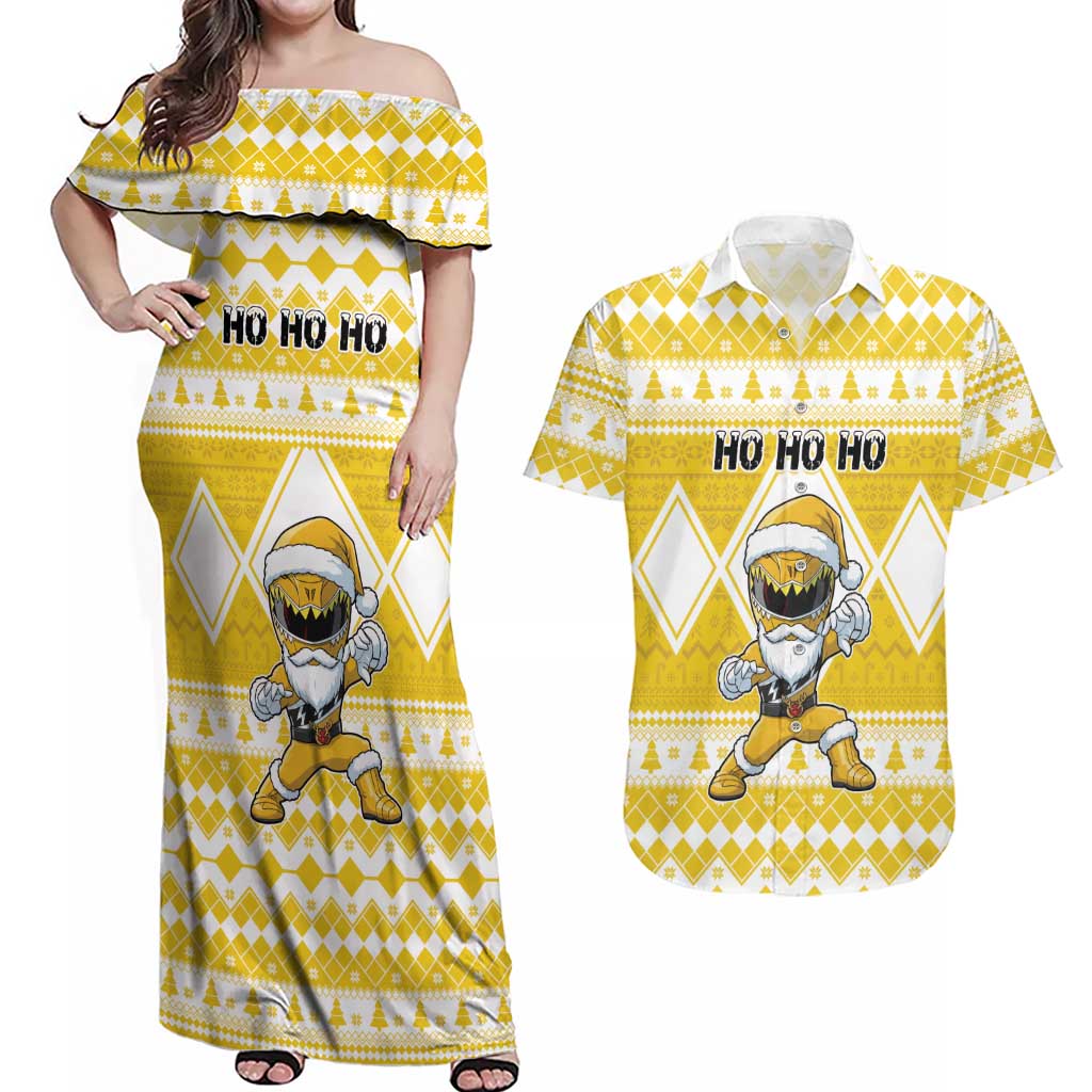 Personalized Power Yellow Ranger Santa Claus Couples Matching Off Shoulder Maxi Dress and Hawaiian Shirt Funny Christmas - Wonder Print Shop