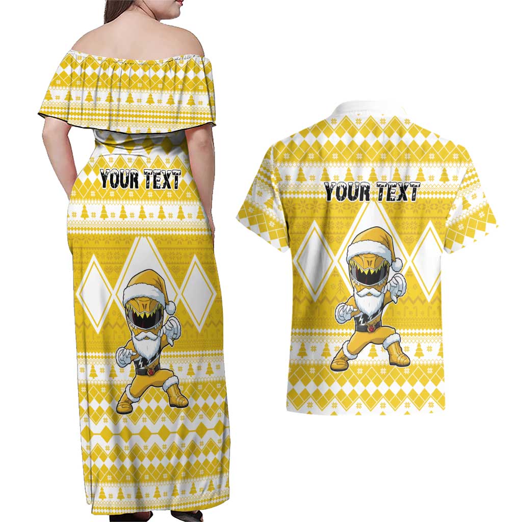 Personalized Power Yellow Ranger Santa Claus Couples Matching Off Shoulder Maxi Dress and Hawaiian Shirt Funny Christmas - Wonder Print Shop