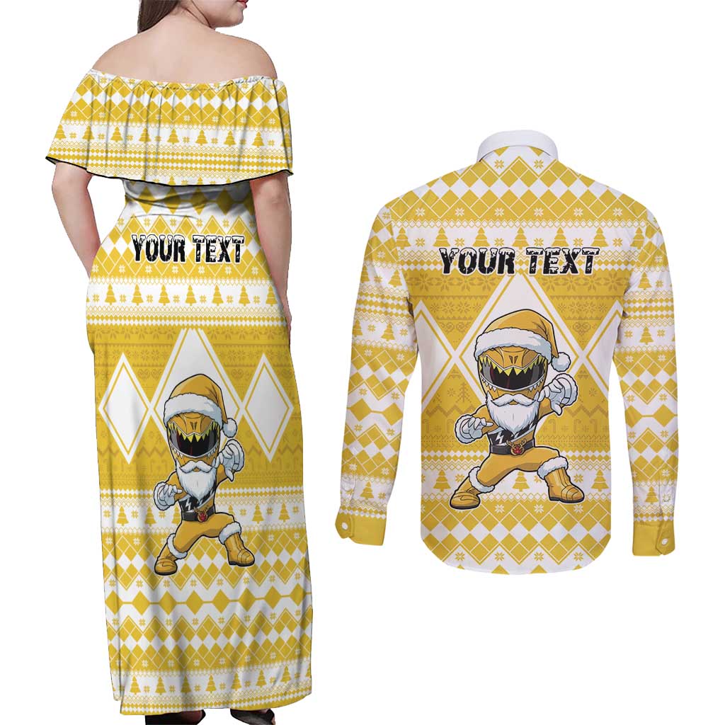 Personalized Power Yellow Ranger Santa Claus Couples Matching Off Shoulder Maxi Dress and Long Sleeve Button Shirt Funny Christmas - Wonder Print Shop