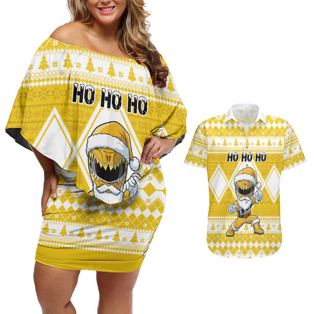 Personalized Power Yellow Ranger Santa Claus Couples Matching Off Shoulder Short Dress and Hawaiian Shirt Funny Christmas - Wonder Print Shop