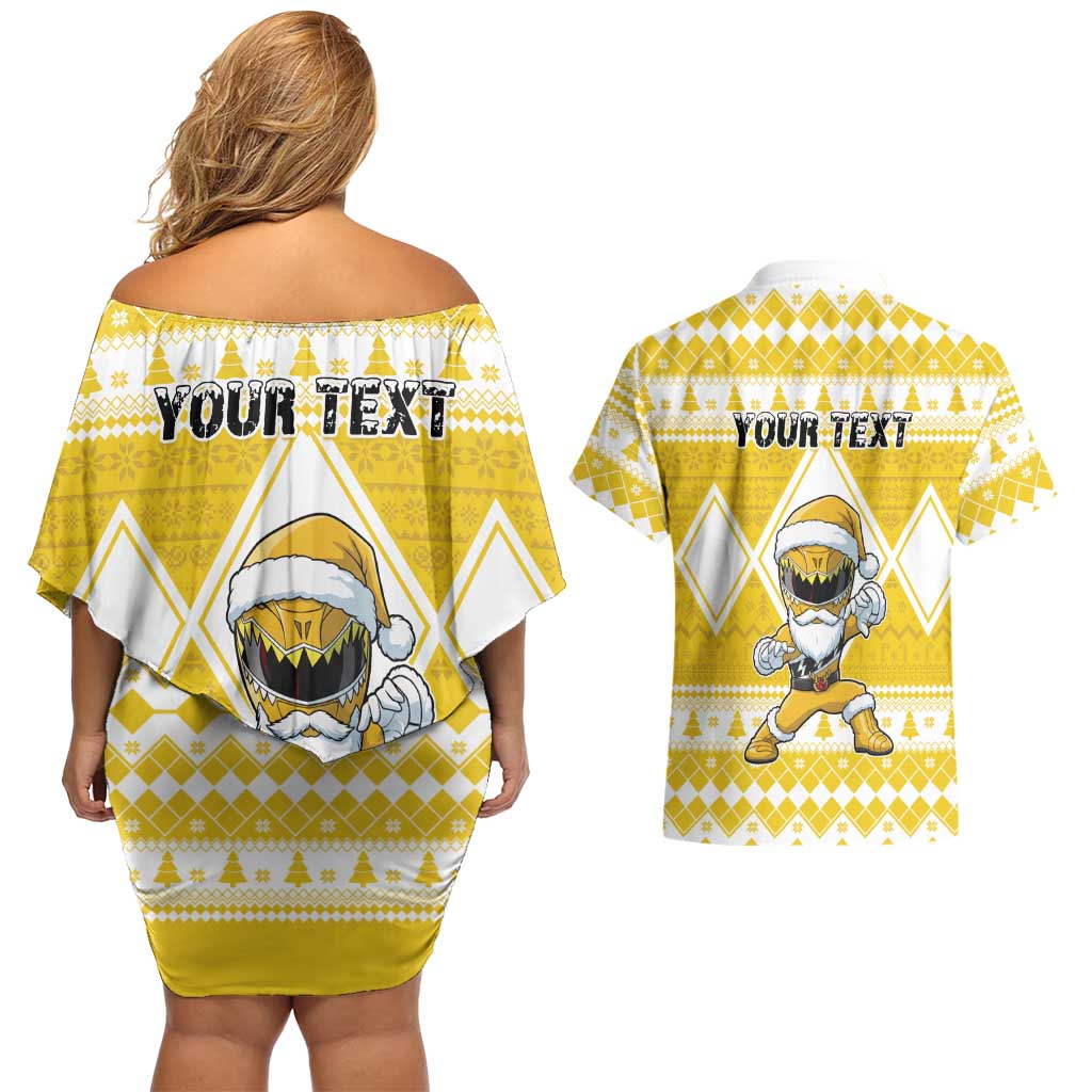 Personalized Power Yellow Ranger Santa Claus Couples Matching Off Shoulder Short Dress and Hawaiian Shirt Funny Christmas - Wonder Print Shop
