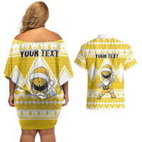 Personalized Power Yellow Ranger Santa Claus Couples Matching Off Shoulder Short Dress and Hawaiian Shirt Funny Christmas - Wonder Print Shop