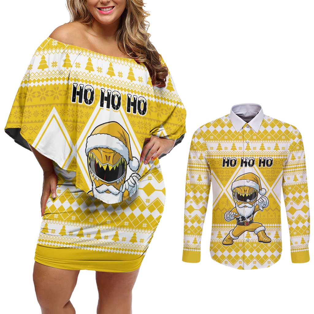Personalized Power Yellow Ranger Santa Claus Couples Matching Off Shoulder Short Dress and Long Sleeve Button Shirt Funny Christmas - Wonder Print Shop