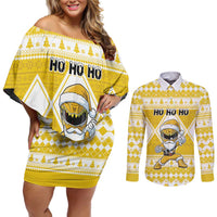Personalized Power Yellow Ranger Santa Claus Couples Matching Off Shoulder Short Dress and Long Sleeve Button Shirt Funny Christmas - Wonder Print Shop