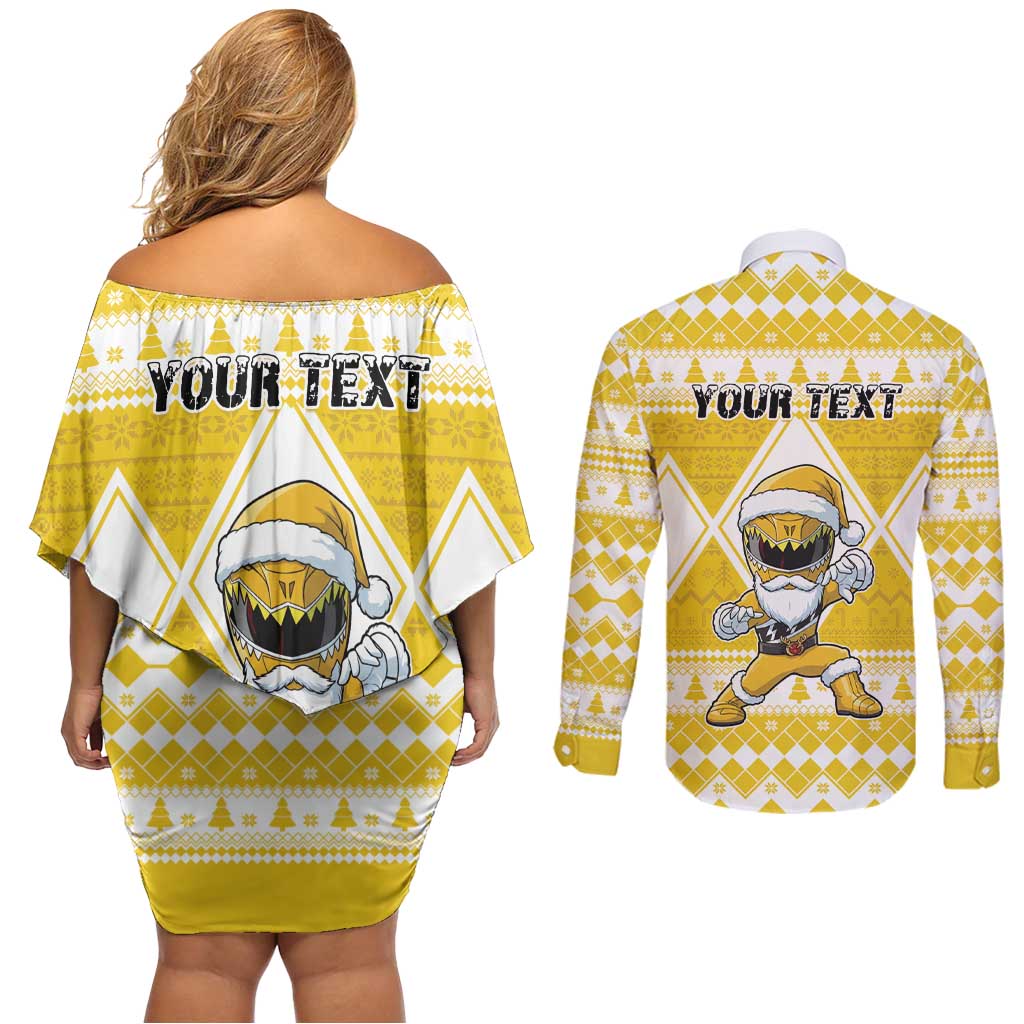 Personalized Power Yellow Ranger Santa Claus Couples Matching Off Shoulder Short Dress and Long Sleeve Button Shirt Funny Christmas - Wonder Print Shop
