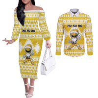 Personalized Power Yellow Ranger Santa Claus Couples Matching Off The Shoulder Long Sleeve Dress and Long Sleeve Button Shirt Funny Christmas - Wonder Print Shop