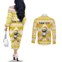 Personalized Power Yellow Ranger Santa Claus Couples Matching Off The Shoulder Long Sleeve Dress and Long Sleeve Button Shirt Funny Christmas - Wonder Print Shop