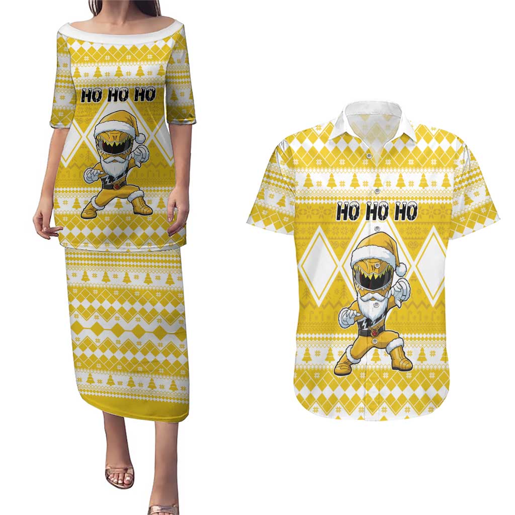 Personalized Power Yellow Ranger Santa Claus Couples Matching Puletasi and Hawaiian Shirt Funny Christmas - Wonder Print Shop