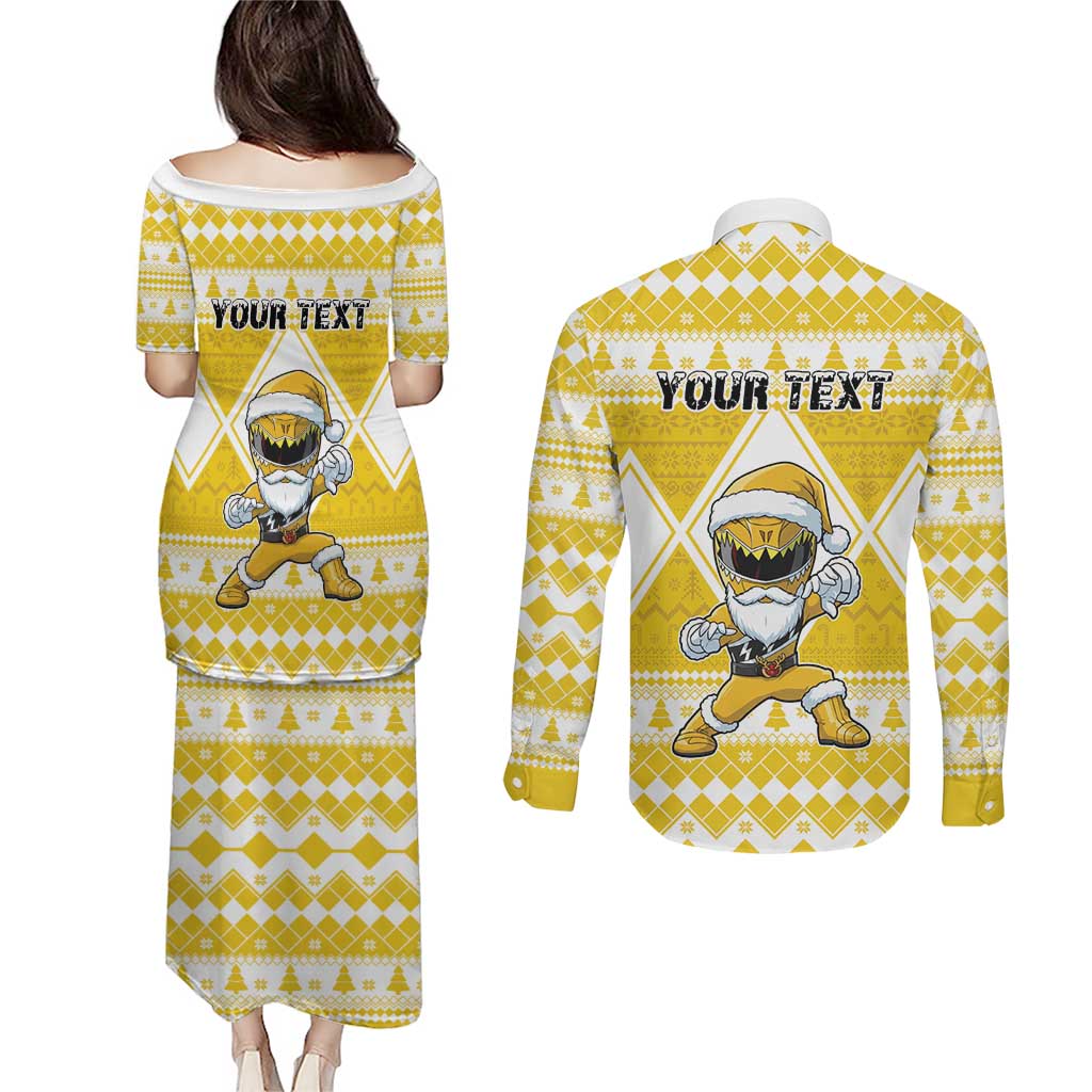 Personalized Power Yellow Ranger Santa Claus Couples Matching Puletasi and Long Sleeve Button Shirt Funny Christmas - Wonder Print Shop