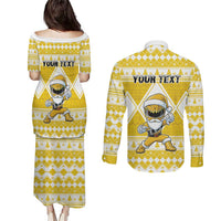 Personalized Power Yellow Ranger Santa Claus Couples Matching Puletasi and Long Sleeve Button Shirt Funny Christmas - Wonder Print Shop