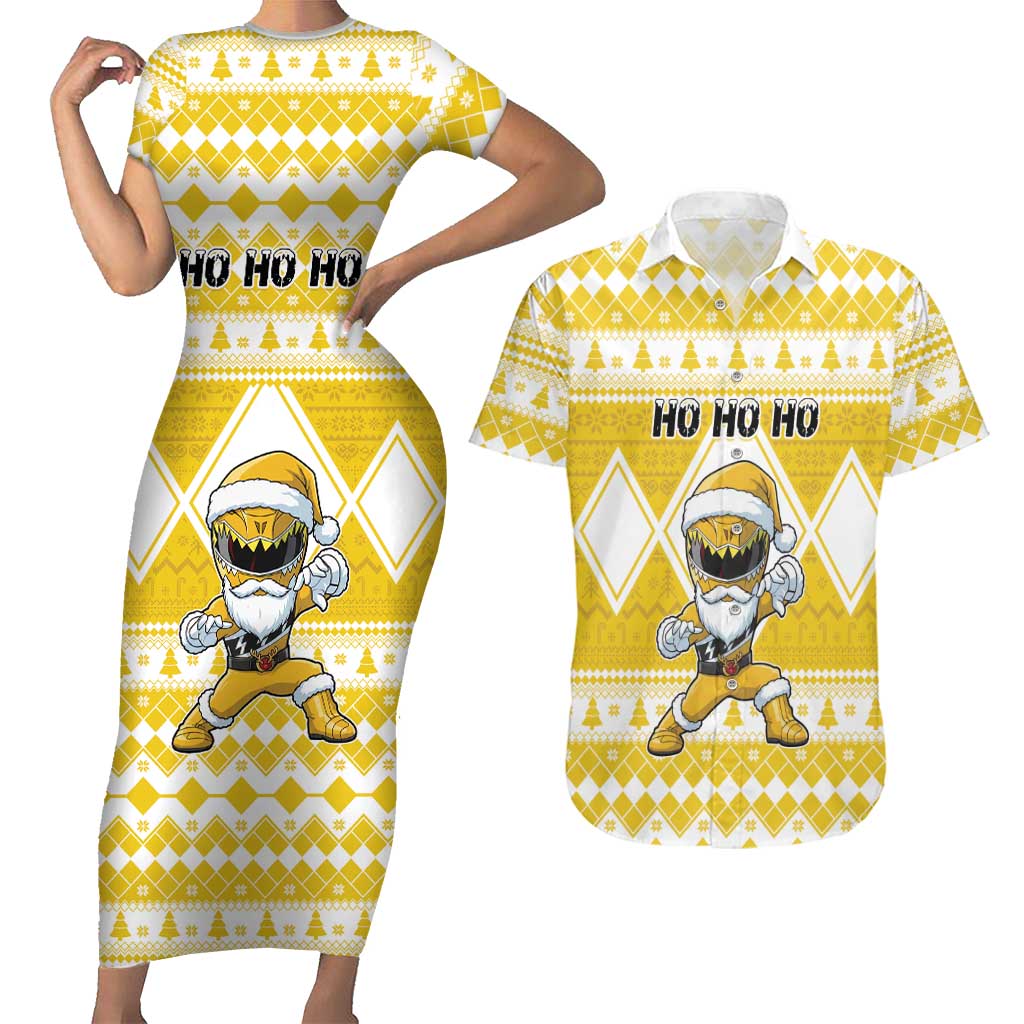 Personalized Power Yellow Ranger Santa Claus Couples Matching Short Sleeve Bodycon Dress and Hawaiian Shirt Funny Christmas - Wonder Print Shop
