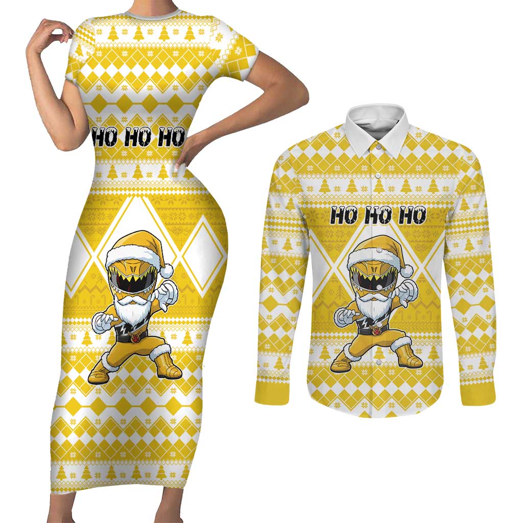Personalized Power Yellow Ranger Santa Claus Couples Matching Short Sleeve Bodycon Dress and Long Sleeve Button Shirt Funny Christmas - Wonder Print Shop
