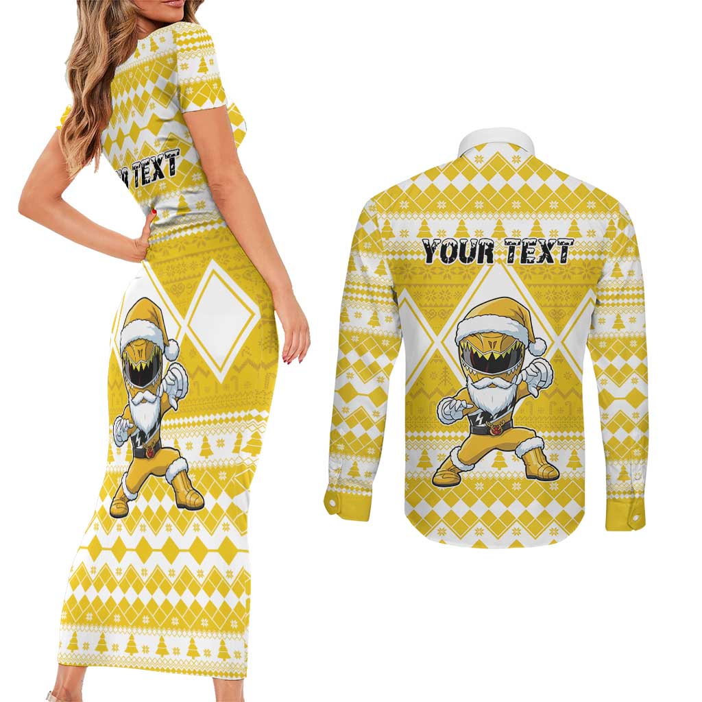 Personalized Power Yellow Ranger Santa Claus Couples Matching Short Sleeve Bodycon Dress and Long Sleeve Button Shirt Funny Christmas - Wonder Print Shop