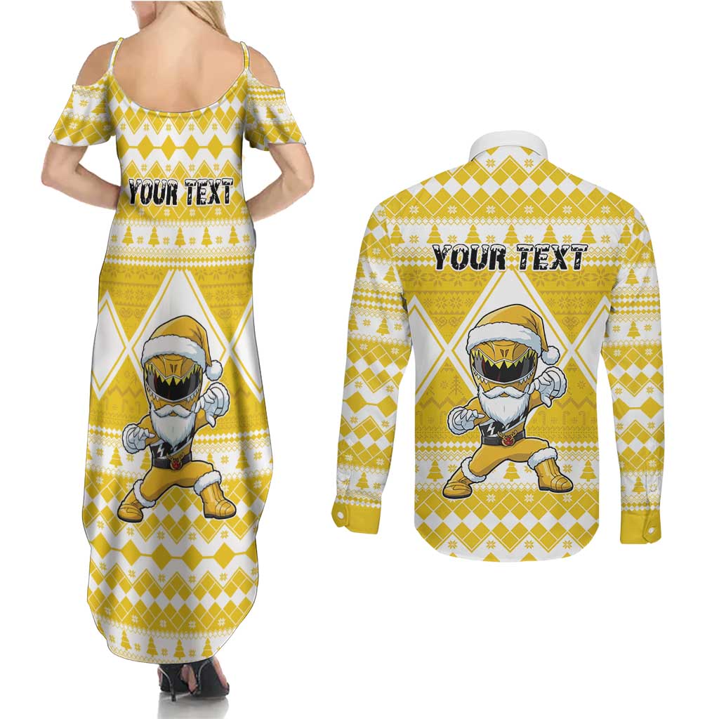 Personalized Power Yellow Ranger Santa Claus Couples Matching Summer Maxi Dress and Long Sleeve Button Shirt Funny Christmas - Wonder Print Shop