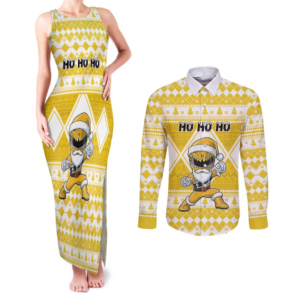 Personalized Power Yellow Ranger Santa Claus Couples Matching Tank Maxi Dress and Long Sleeve Button Shirt Funny Christmas - Wonder Print Shop