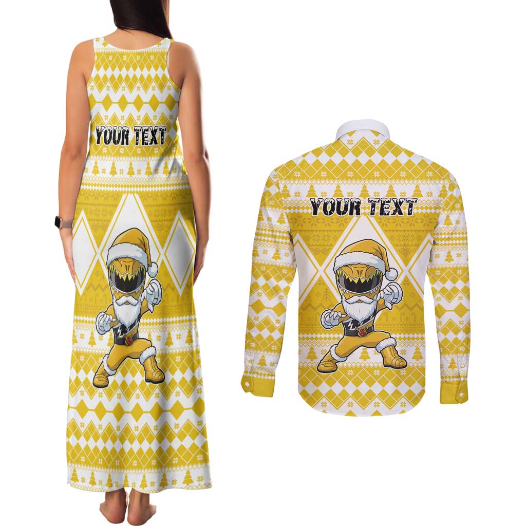 Personalized Power Yellow Ranger Santa Claus Couples Matching Tank Maxi Dress and Long Sleeve Button Shirt Funny Christmas - Wonder Print Shop