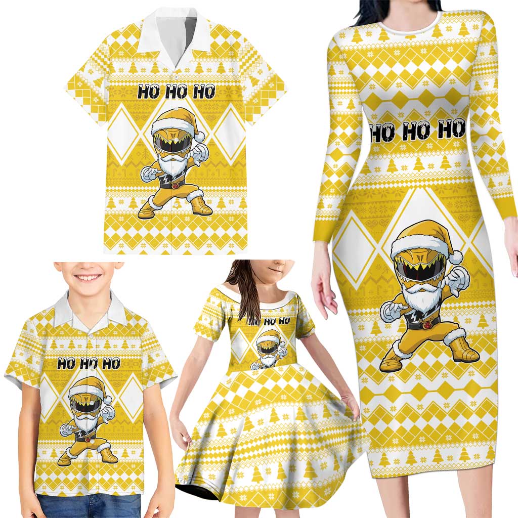 Personalized Power Yellow Ranger Santa Claus Family Matching Long Sleeve Bodycon Dress and Hawaiian Shirt Funny Christmas - Wonder Print Shop