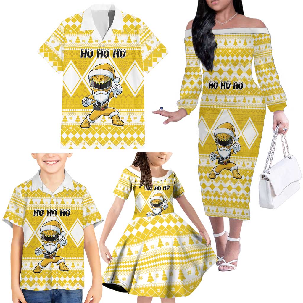Personalized Power Yellow Ranger Santa Claus Family Matching Off The Shoulder Long Sleeve Dress and Hawaiian Shirt Funny Christmas - Wonder Print Shop