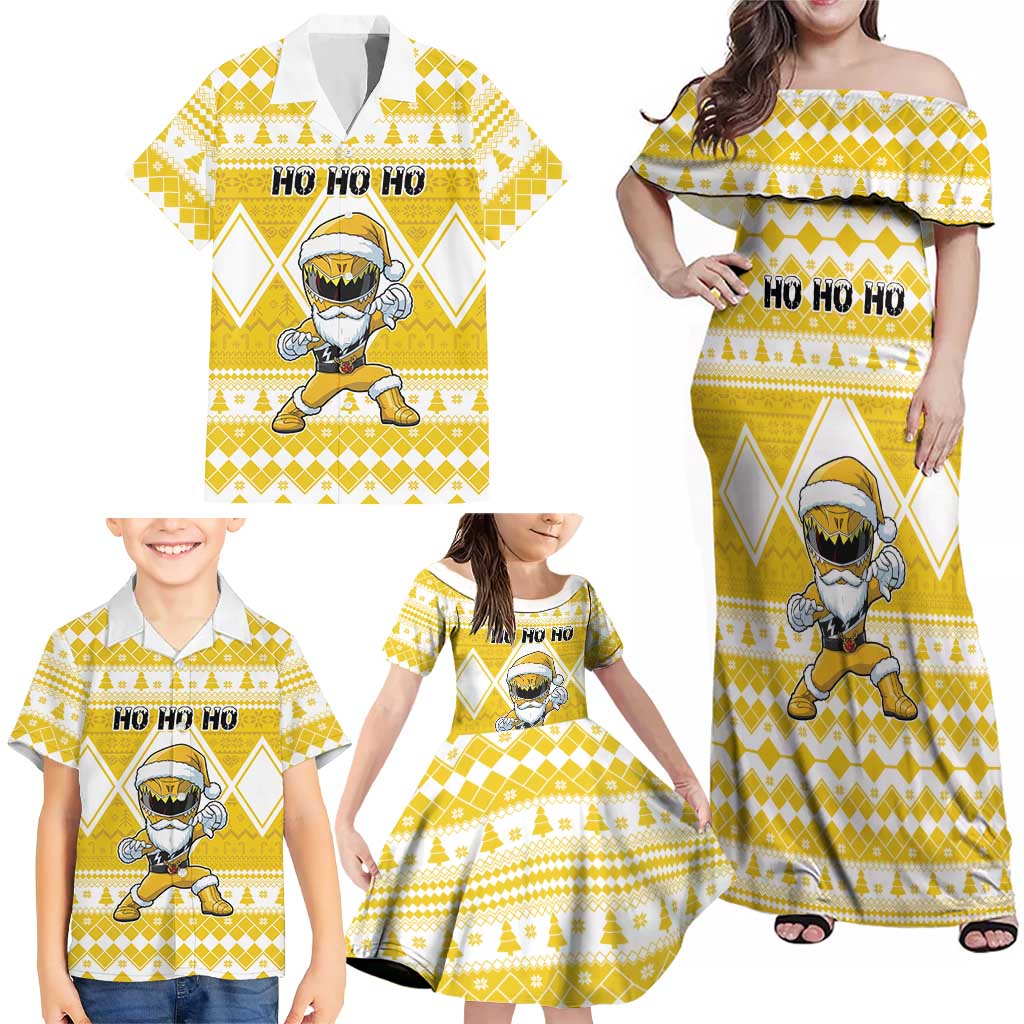 Personalized Power Yellow Ranger Santa Claus Family Matching Off Shoulder Maxi Dress and Hawaiian Shirt Funny Christmas - Wonder Print Shop
