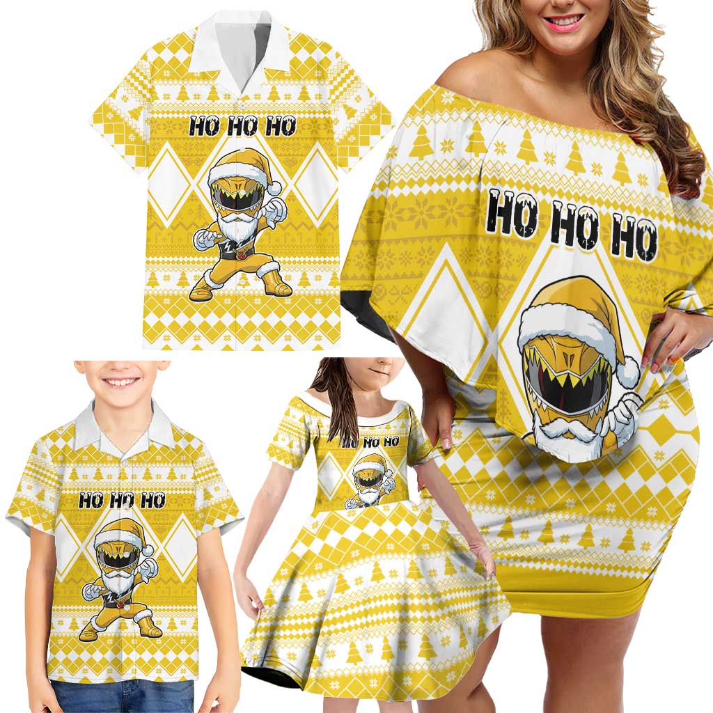 Personalized Power Yellow Ranger Santa Claus Family Matching Off Shoulder Short Dress and Hawaiian Shirt Funny Christmas - Wonder Print Shop