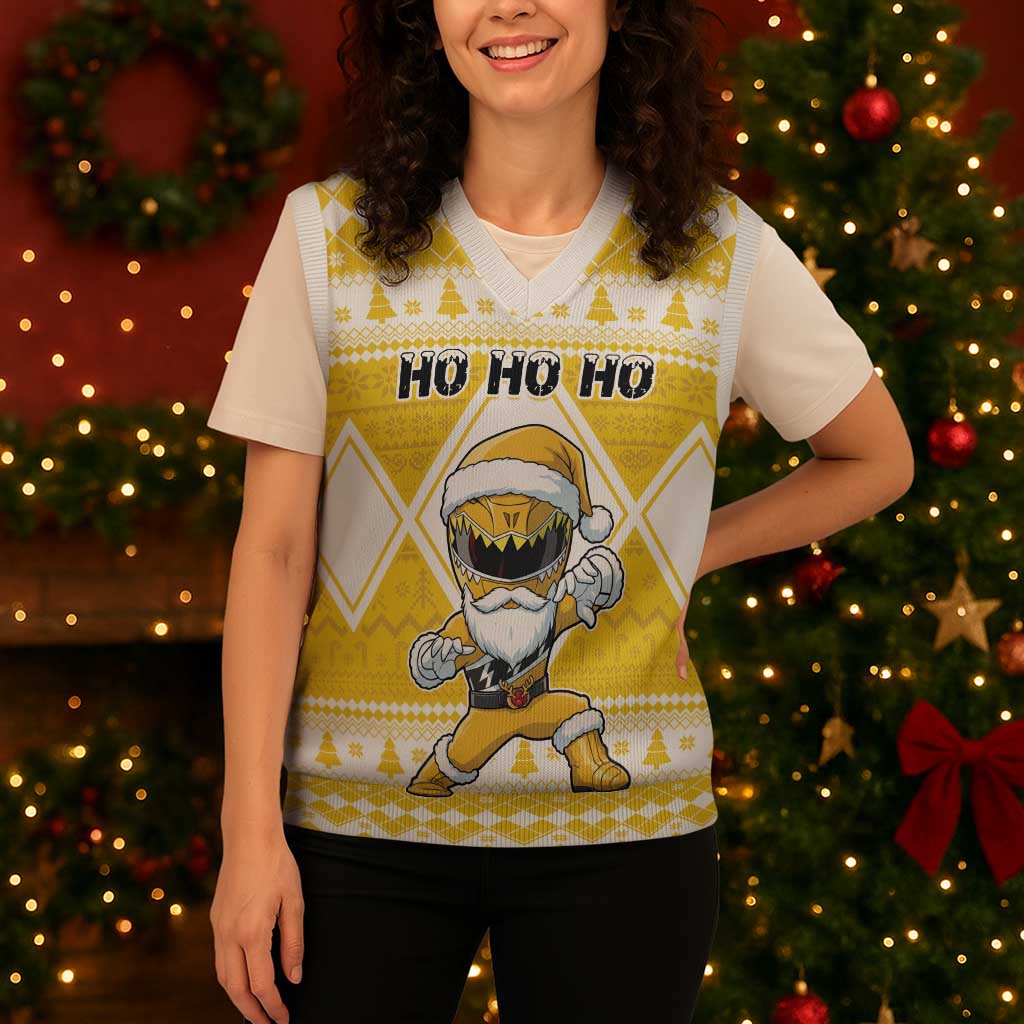 Power Yellow Ranger Santa Claus Christmas Knitted V-Neck Vest Funny Christmas - Wonder Print Shop
