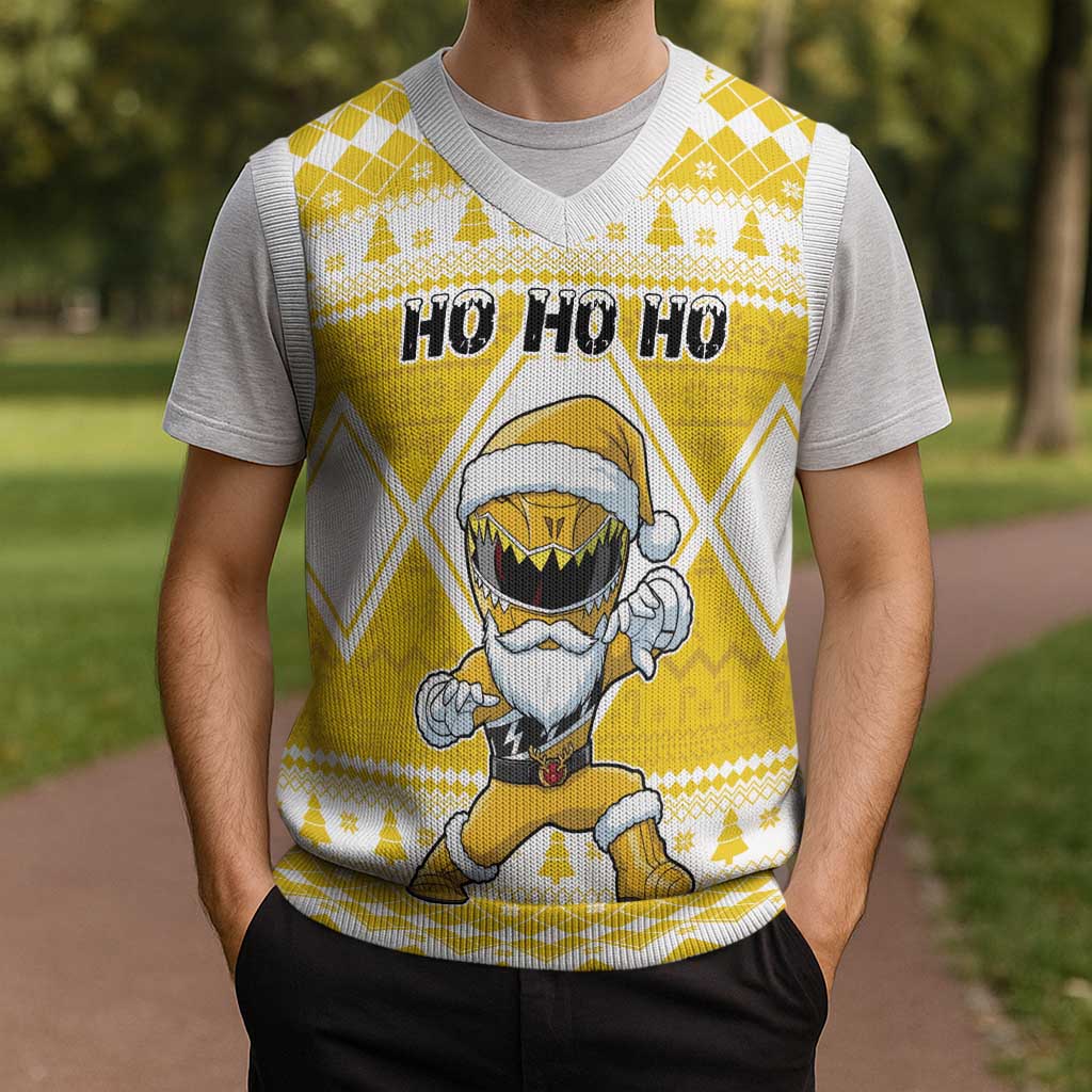 Power Yellow Ranger Santa Claus Christmas Knitted V-Neck Vest Funny Christmas - Wonder Print Shop