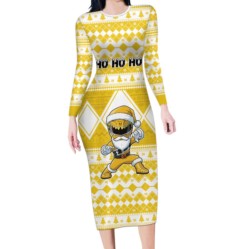 Personalized Power Yellow Ranger Santa Claus Long Sleeve Bodycon Dress Funny Christmas - Wonder Print Shop