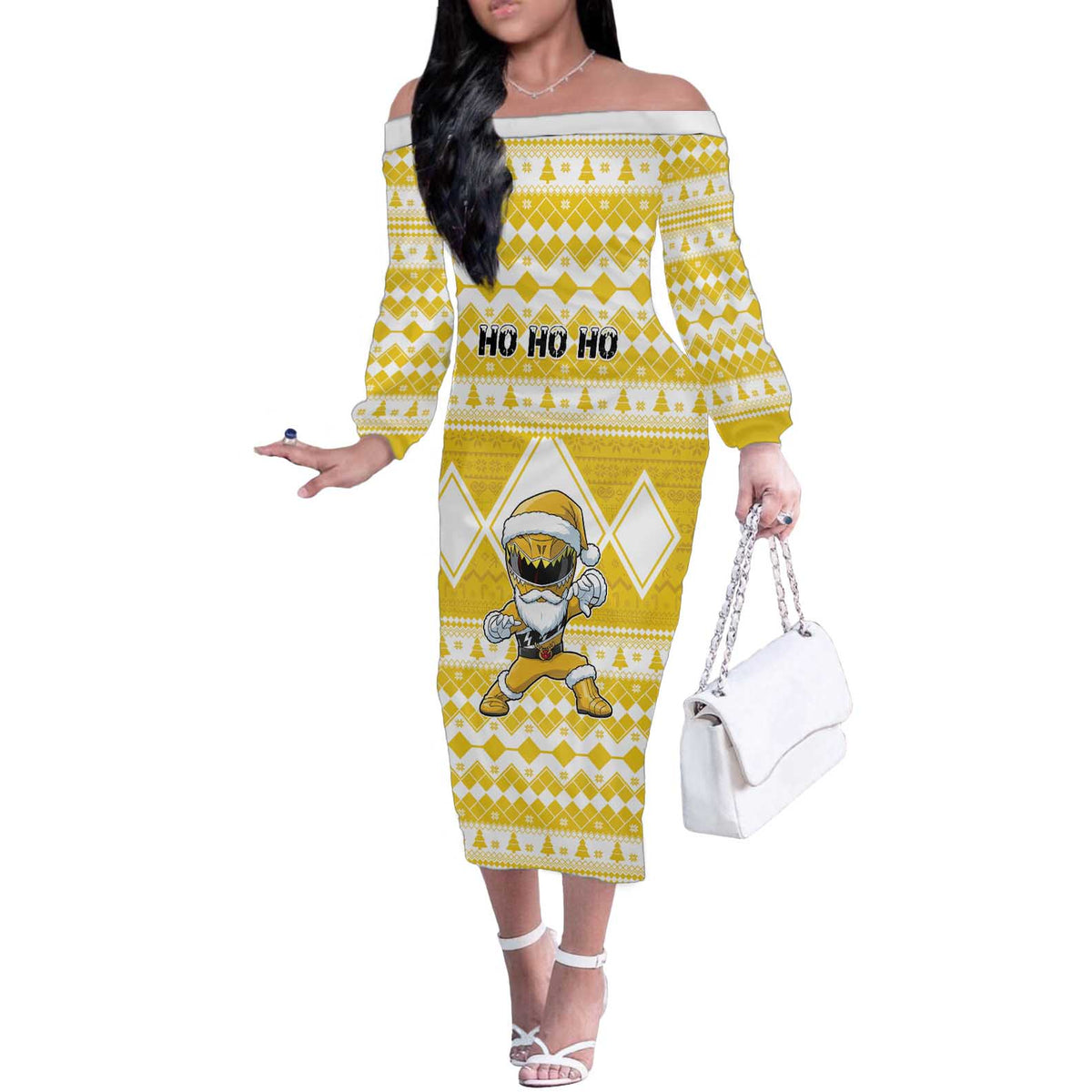 Personalized Power Yellow Ranger Santa Claus Off The Shoulder Long Sleeve Dress Funny Christmas - Wonder Print Shop