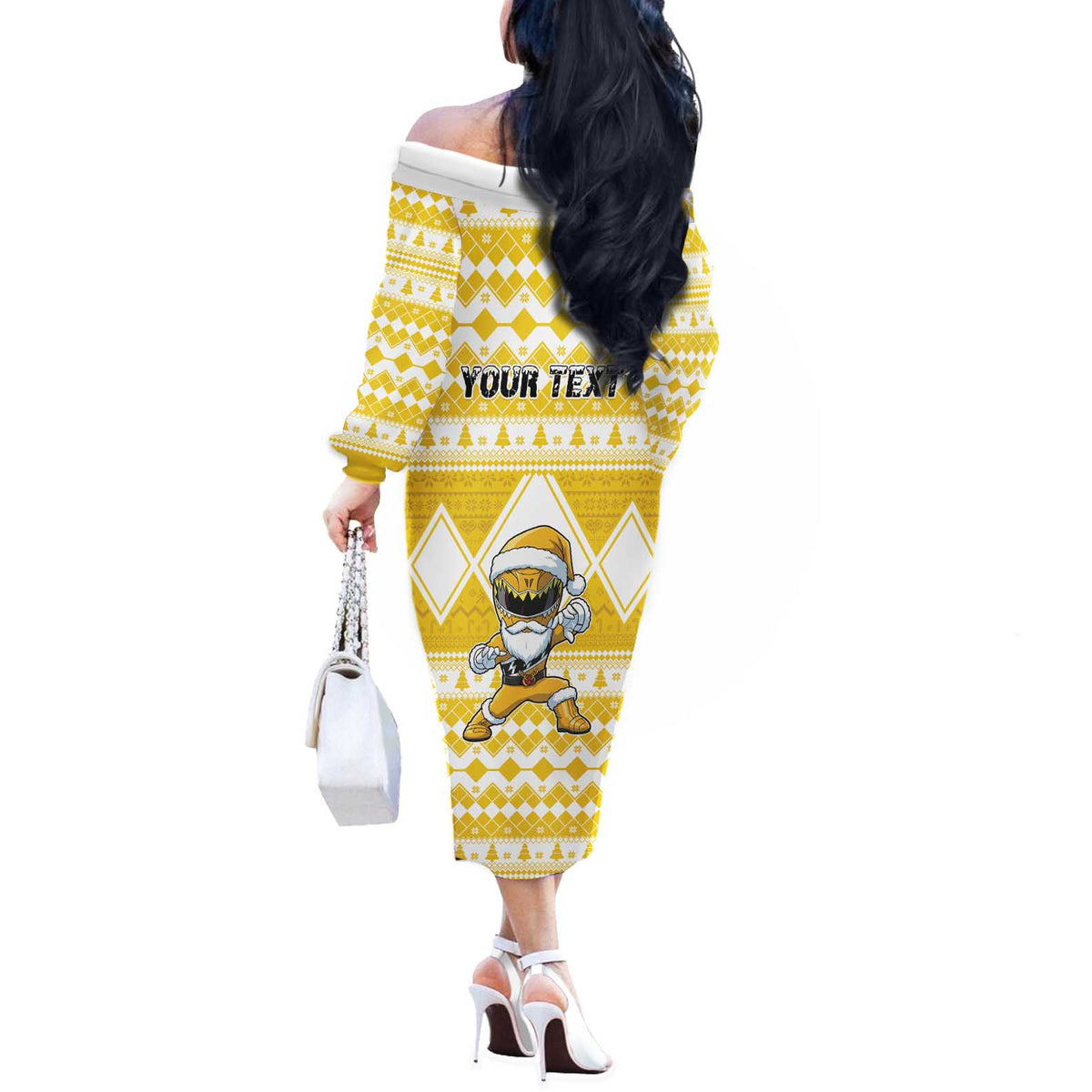 Personalized Power Yellow Ranger Santa Claus Off The Shoulder Long Sleeve Dress Funny Christmas - Wonder Print Shop