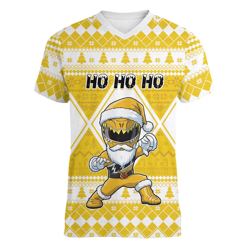Personalized Power Yellow Ranger Santa Claus Women V-Neck T-Shirt Funny Christmas - Wonder Print Shop
