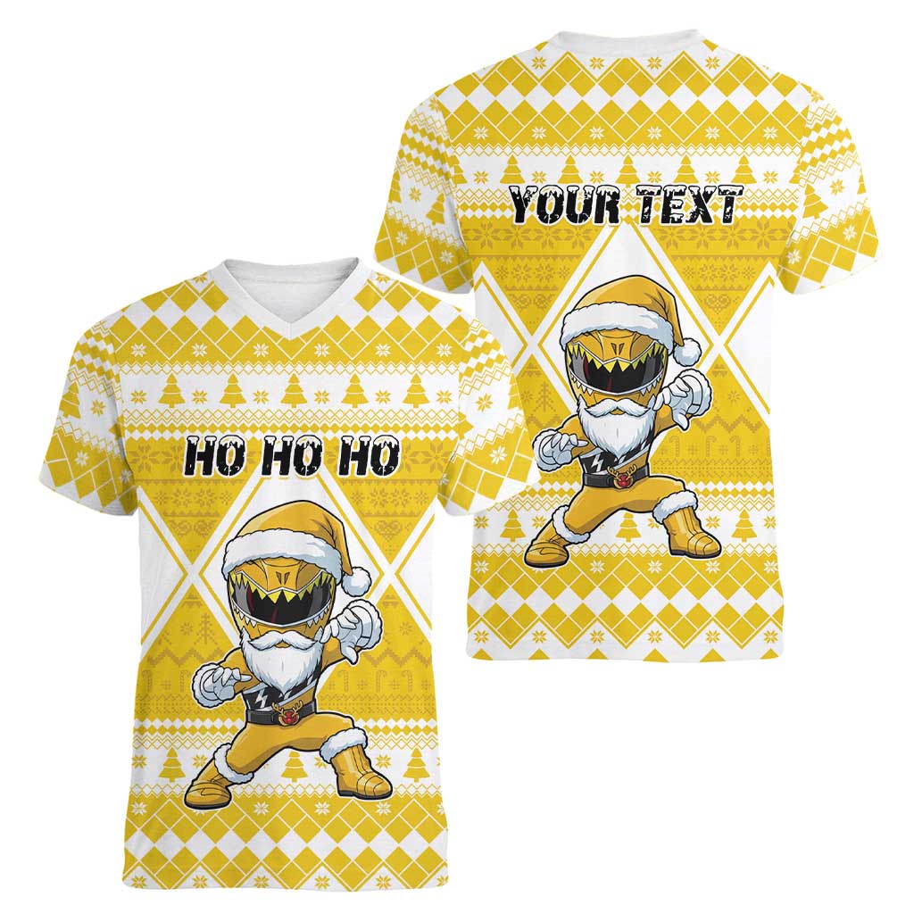 Personalized Power Yellow Ranger Santa Claus Women V-Neck T-Shirt Funny Christmas - Wonder Print Shop