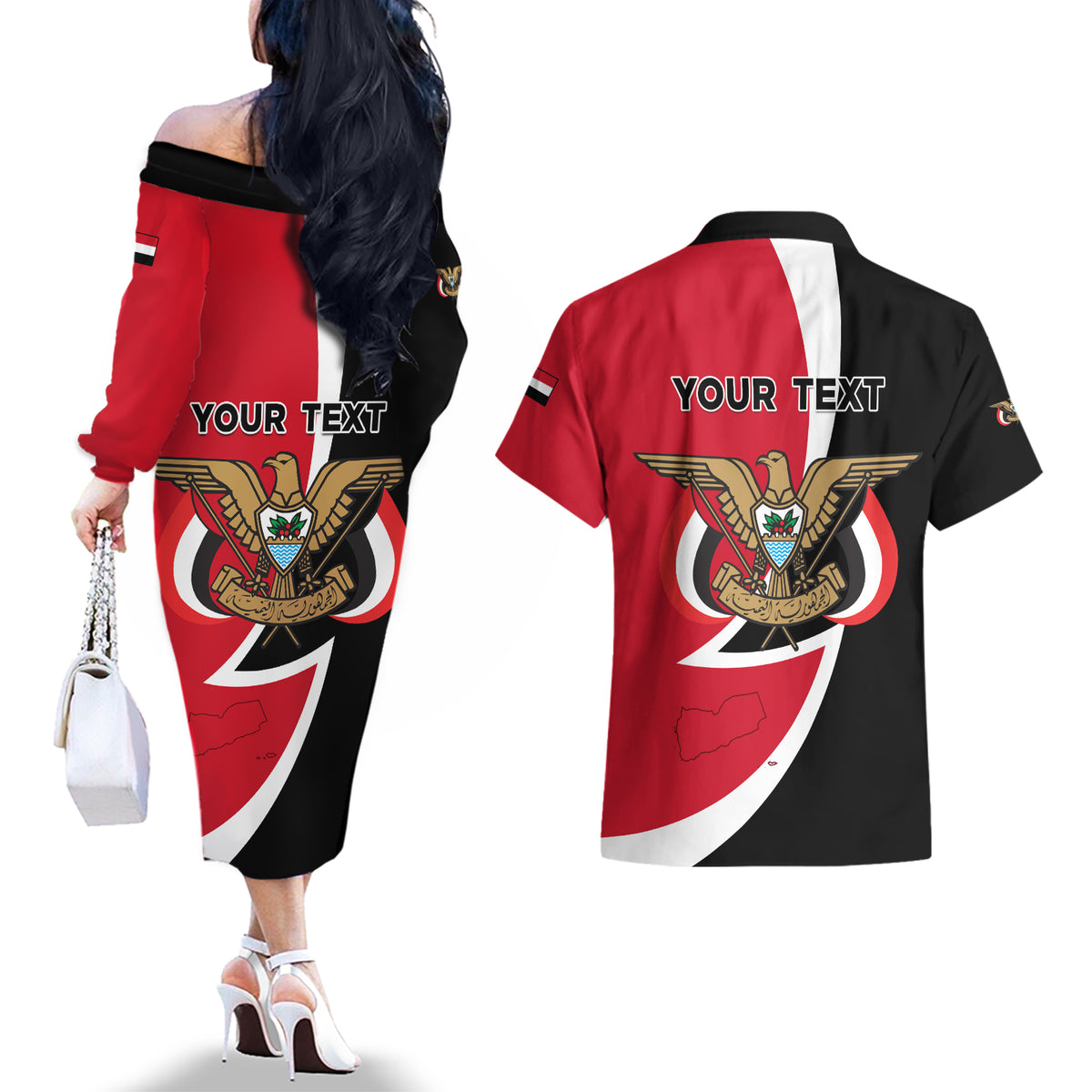 Yemen Unification Day 2024 Couples Matching Off The Shoulder Long Sleeve Dress and Hawaiian Shirt May 22 Unity Day Flag Style - Wonder Print Shop