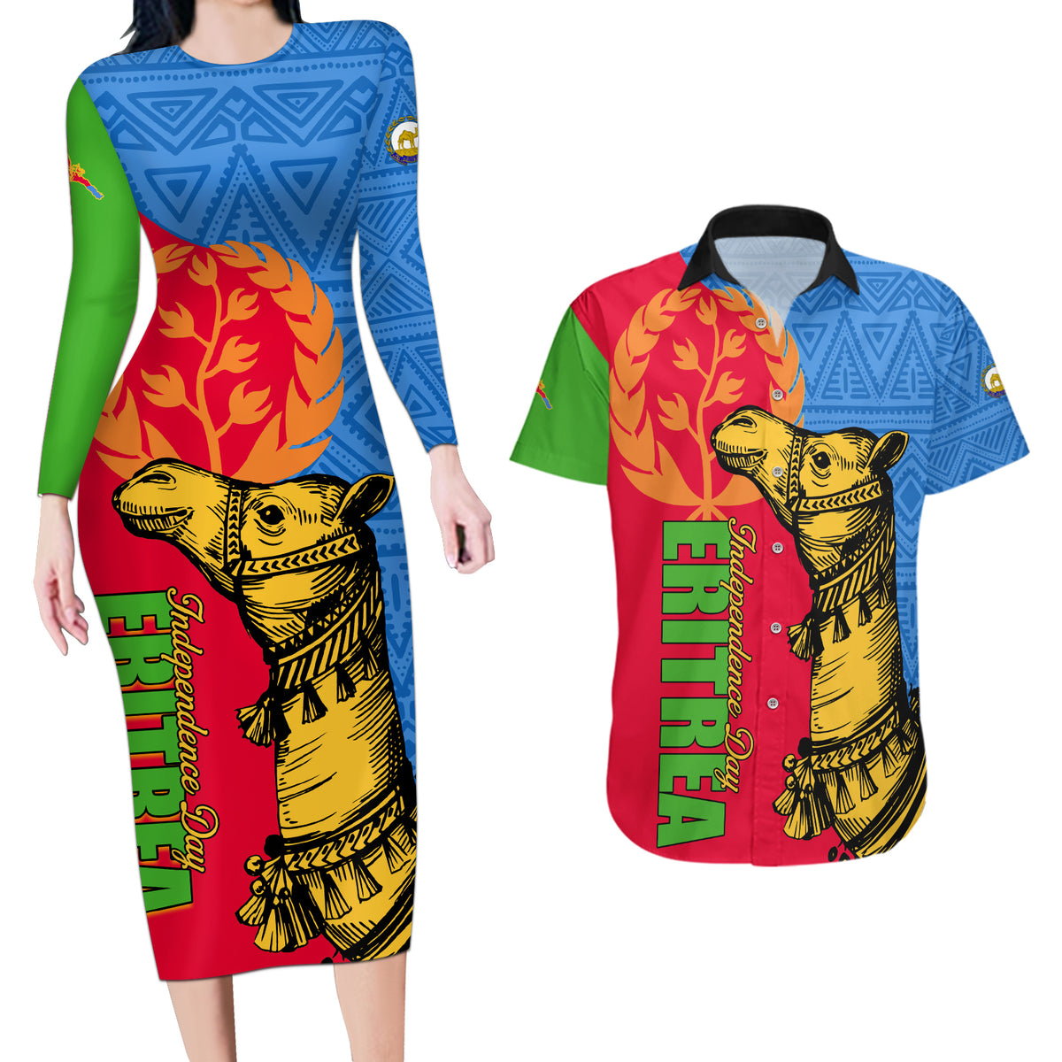 Eritrea Independence Day 2024 Couples Matching Long Sleeve Bodycon Dress and Hawaiian Shirt Eritrean Camel African Pattern - Wonder Print Shop