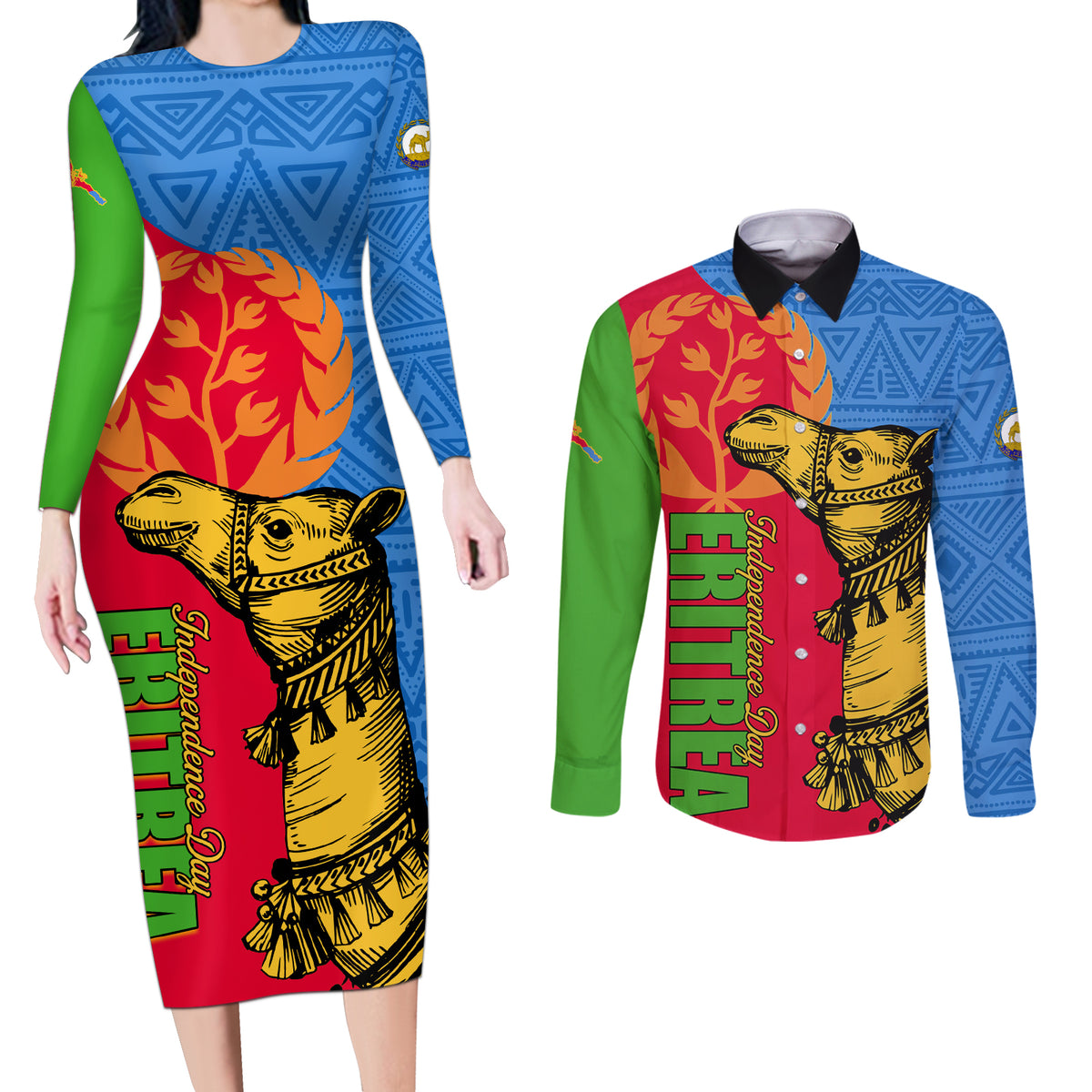 Eritrea Independence Day 2024 Couples Matching Long Sleeve Bodycon Dress and Long Sleeve Button Shirt Eritrean Camel African Pattern - Wonder Print Shop