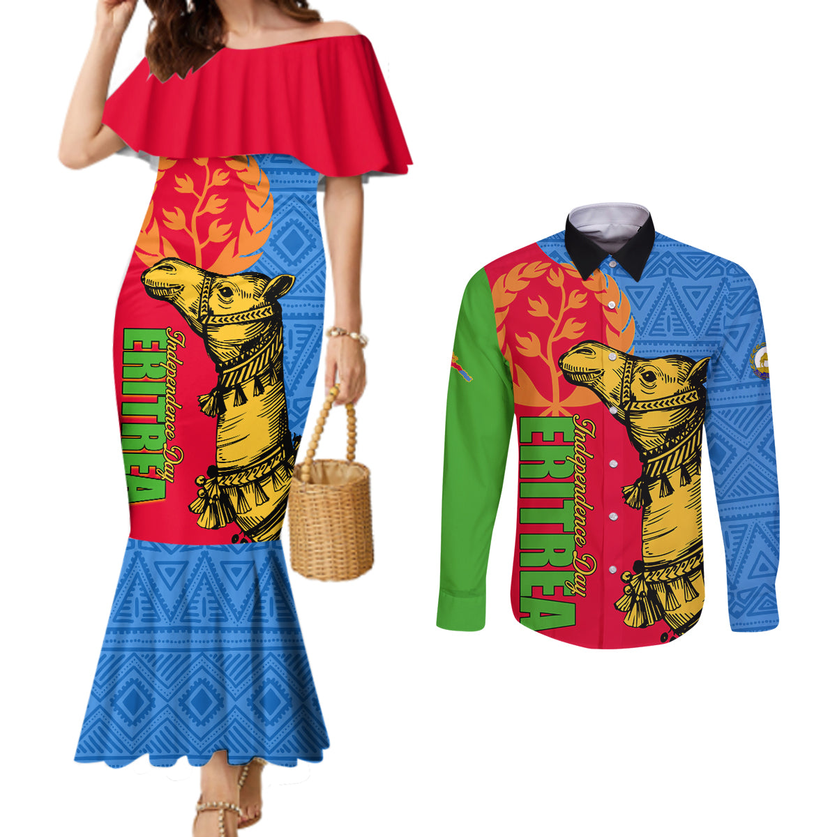 Eritrea Independence Day 2024 Couples Matching Mermaid Dress and Long Sleeve Button Shirt Eritrean Camel African Pattern
