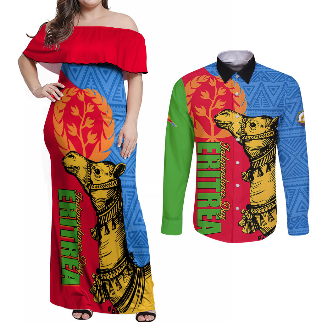 Eritrea Independence Day 2024 Couples Matching Off Shoulder Maxi Dress and Long Sleeve Button Shirt Eritrean Camel African Pattern - Wonder Print Shop