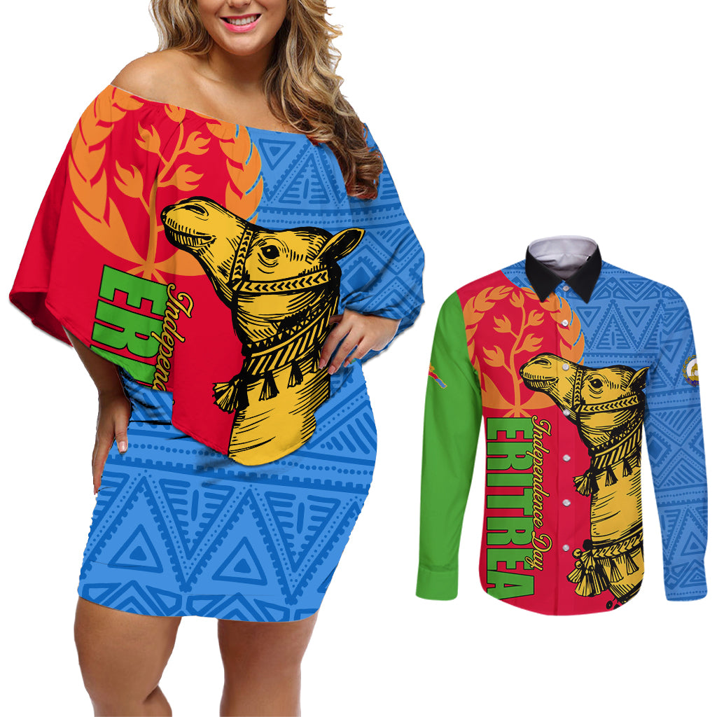 Eritrea Independence Day 2024 Couples Matching Off Shoulder Short Dress and Long Sleeve Button Shirt Eritrean Camel African Pattern