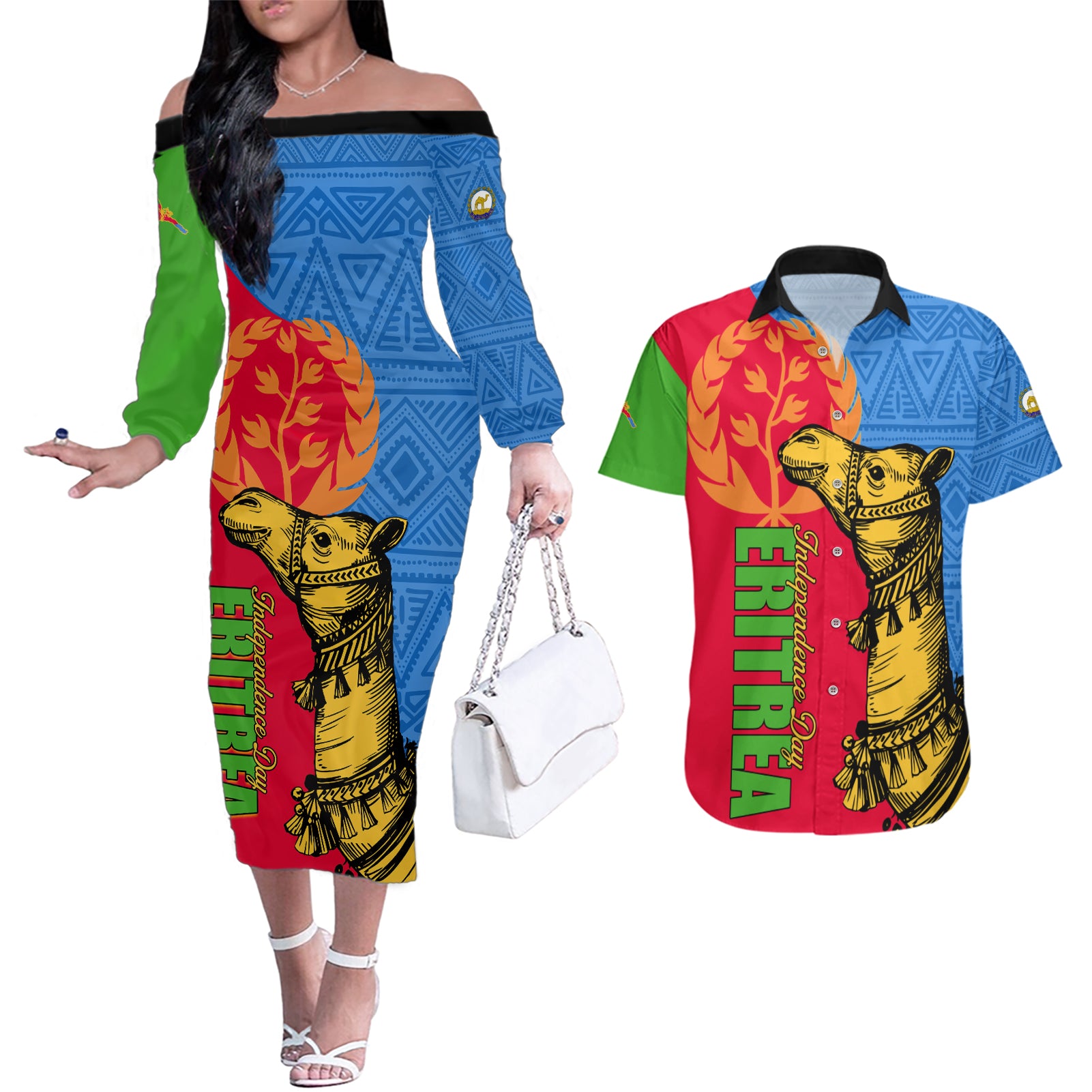 Eritrea Independence Day 2024 Couples Matching Off The Shoulder Long Sleeve Dress and Hawaiian Shirt Eritrean Camel African Pattern