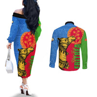 Eritrea Independence Day 2024 Couples Matching Off The Shoulder Long Sleeve Dress and Long Sleeve Button Shirt Eritrean Camel African Pattern