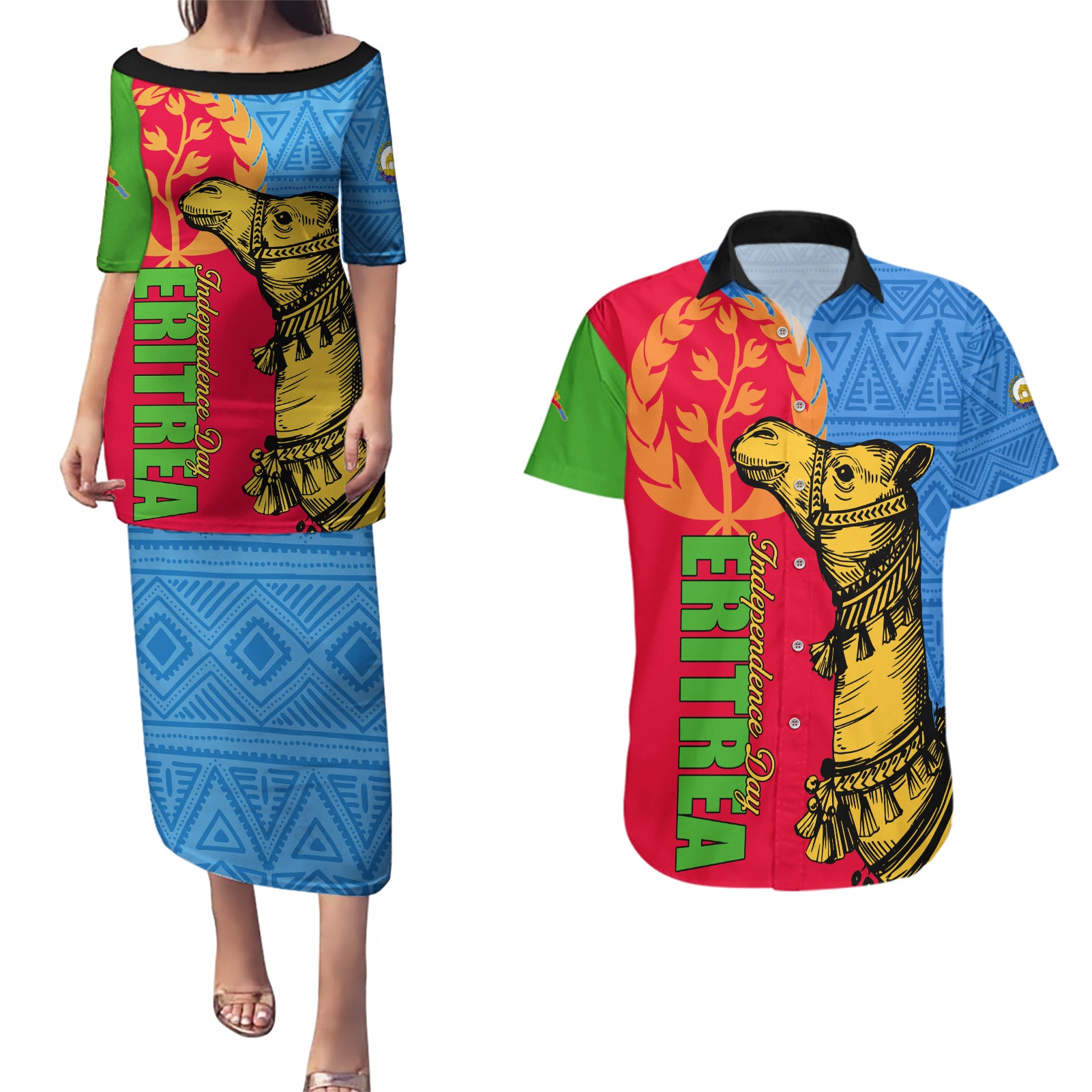 Eritrea Independence Day 2024 Couples Matching Puletasi and Hawaiian Shirt Eritrean Camel African Pattern - Wonder Print Shop