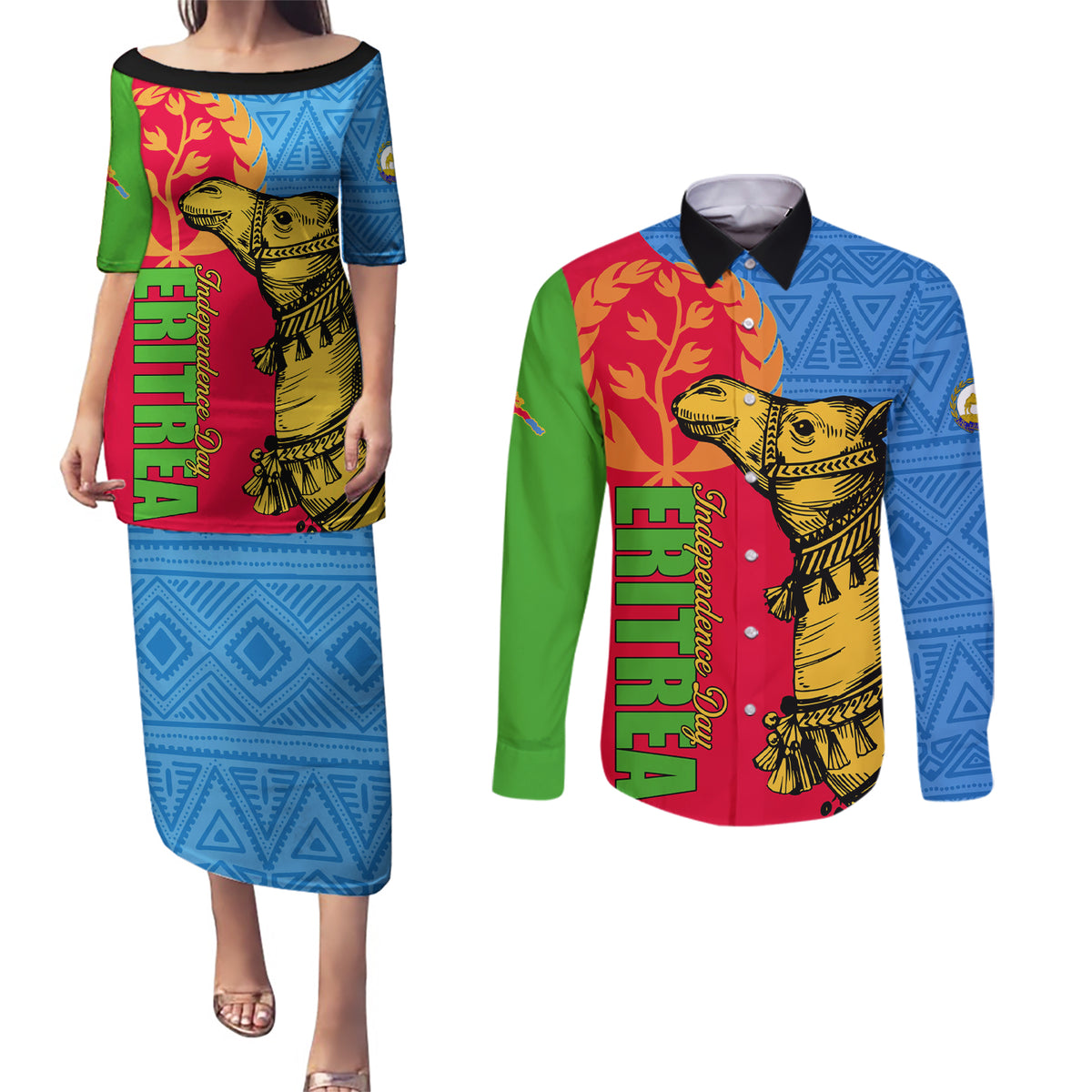 Eritrea Independence Day 2024 Couples Matching Puletasi and Long Sleeve Button Shirt Eritrean Camel African Pattern - Wonder Print Shop