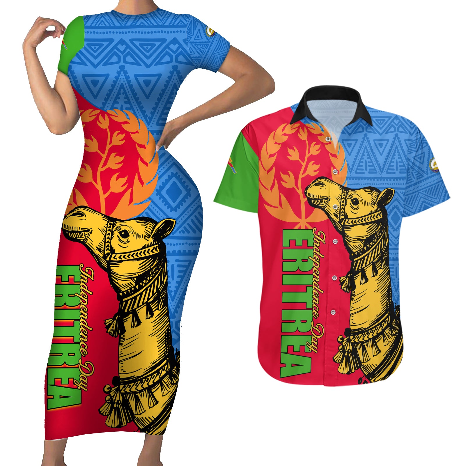 Eritrea Independence Day 2024 Couples Matching Short Sleeve Bodycon Dress and Hawaiian Shirt Eritrean Camel African Pattern - Wonder Print Shop